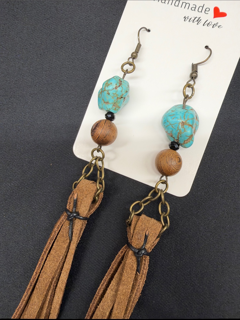 Handmade Turquoise & Brown Tassel Dangle Earrings